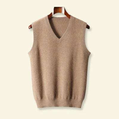 Sweter męski bez rękawów z dekoltem V | Styl casual do pracy – Beżowy