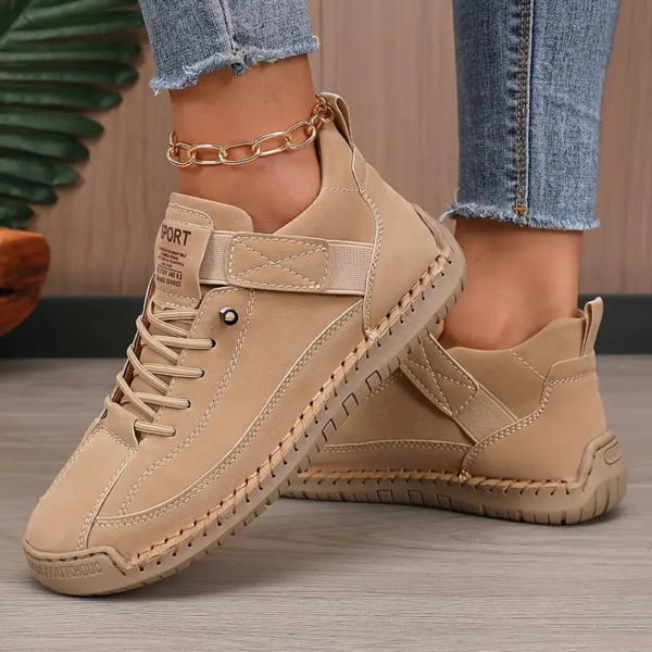 Sneakersy damskie niskie ze sznurowaniem i paskiem | Na co dzień – Beige
